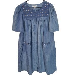 Go Softly Patio Womens Full Zip Chambray House Dress Sz PL Comfort Kaftan Cotton